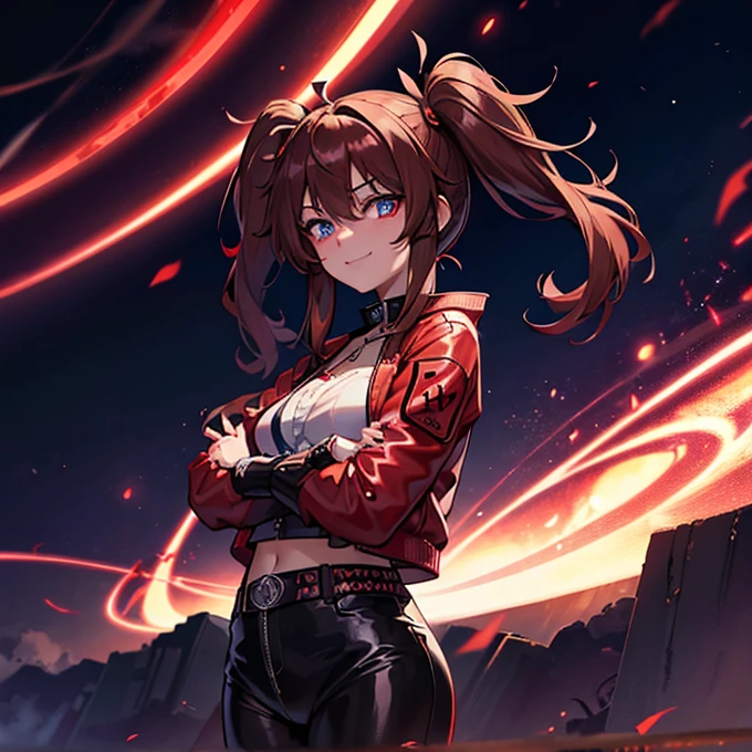 1 girl, Reimu Hakurie, touhou, masterpeice, brown hair, neon blue eyes, glowing eyes, red eyeliner, smug smile, alternate costume, red bomber jacket, dark red tight leather pants, cyber punk art style, cyber punk background