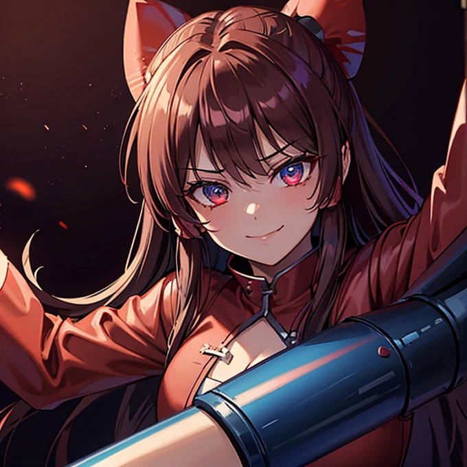 1 girl, Reimu Hakurie, touhou, masterpeice, brown hair, neon blue eyes, glowing eyes, red eyeliner, smug smile, alternate costume, red bomber jacket, dark red tight leather pants, cyber punk art style, cyber punk background