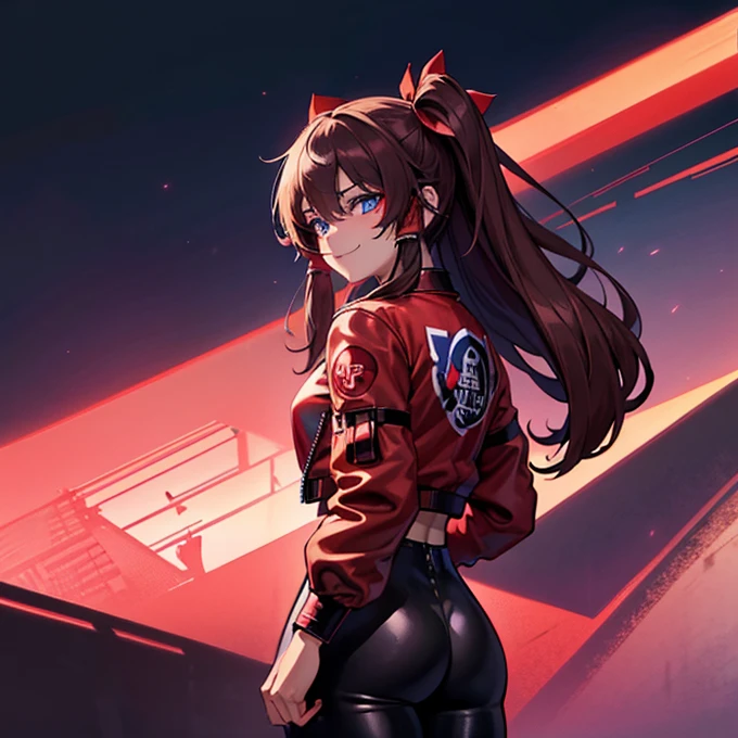 1 girl, Reimu Hakurie, touhou, masterpeice, brown hair, neon blue eyes, glowing eyes, red eyeliner, smug smile, alternate costume, red bomber jacket, dark red tight leather pants, cyber punk art style, cyber punk background