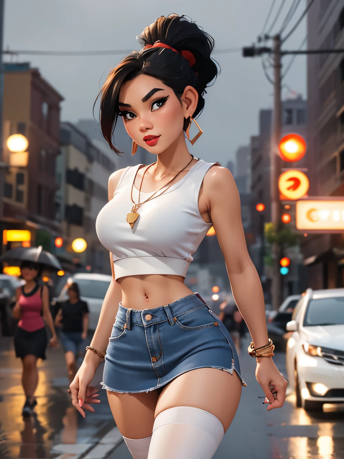 1 skinny Thai girl,  red lips,  ponytail, best ratio four finger and one thumb, denim miniskirt, white stockings, white sleeveless crop top, necklace, bracelet, earrings,walking in a city street, during a rainy night