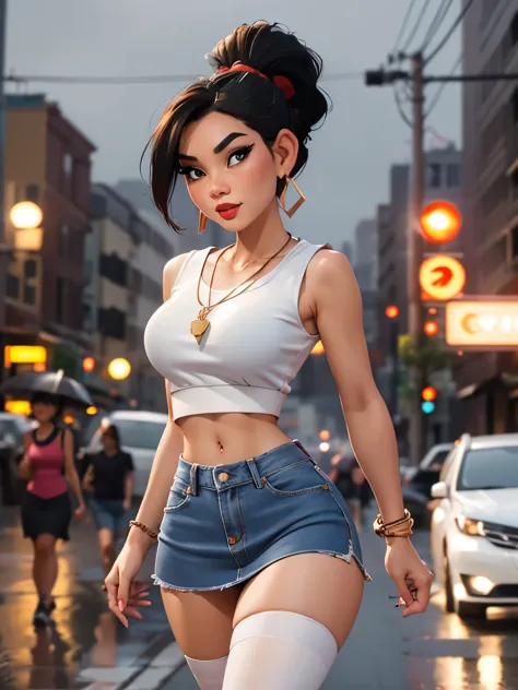 1 skinny Thai girl,  red lips,  ponytail, best ratio four finger and one thumb, denim miniskirt, white stockings, white sleevele...