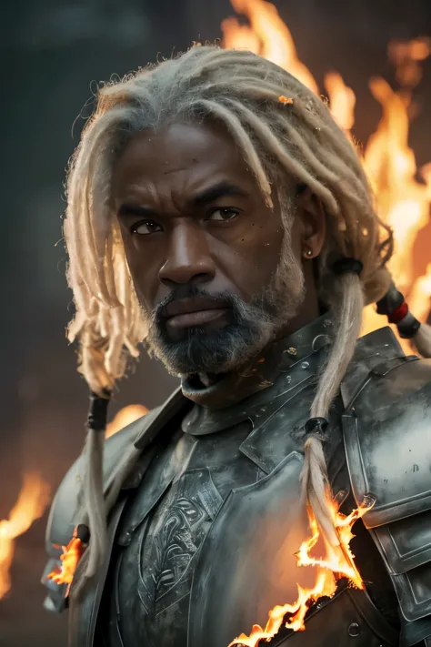 (((cinematic epic poster))) of corlys velaryon , a old black man, 60 years old, ((white dreadlock hair)), wearing a combat armor...