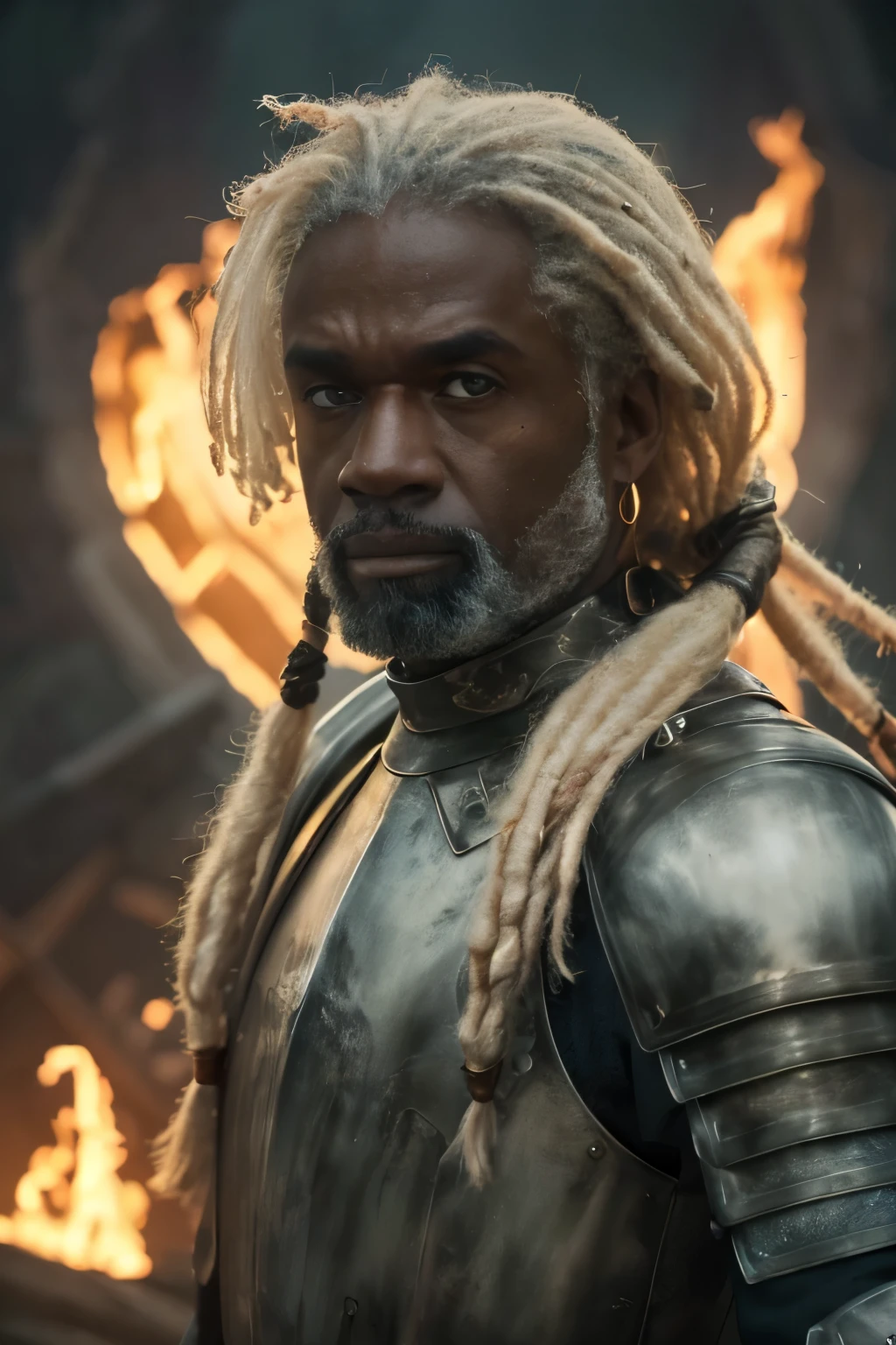 (((Cinematic epic poster))) of Corlys Velaryon , a old Black Man, 60 years old, ((white dreadlock hair)), wearing a combat armor, Gothic style, (((detailed face))), (a detailed RAW photo of a ), (master part:1.0), (best quality:1.4), (Ultra Highres:1.2), (photorealistic:1.4), 8K resolution, Canon EOS R5, 50 millimeters, Absurd, Ultra Detailed, sharp focus, Cinematic lighting, detailed face, (ULZZANG-6500-V1.1), detailed skin texture, pale skin, chest round, (pale :0.5), Cinematic lighting. (((Abstract flame background, cinematic lighting )))