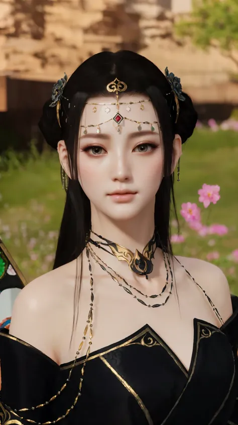 a close up of a woman in a black dress with a necklace and a flower, a beautiful fantasy empress, inspired by Lan Ying, japanese goddess, pale milky white porcelain skin, nezha, 8 k character details, game cg, unreal engine render + a goddess, trending on ...