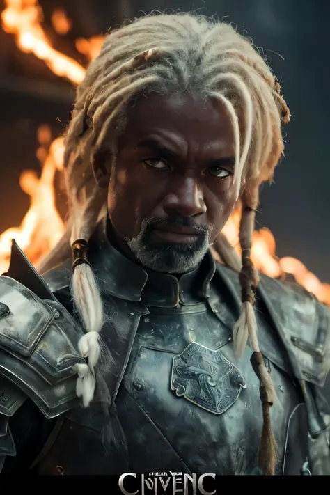 (((Cinematic epic poster))) of Corlys Velaryon , a old Black Man, 60 years old, ((white dreadlock hair)), wearing a combat armor...