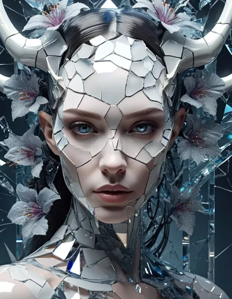 A portrait of a female broken android with a cracked porcelain face that's shattering into fragments, futuristic look,  close-up...