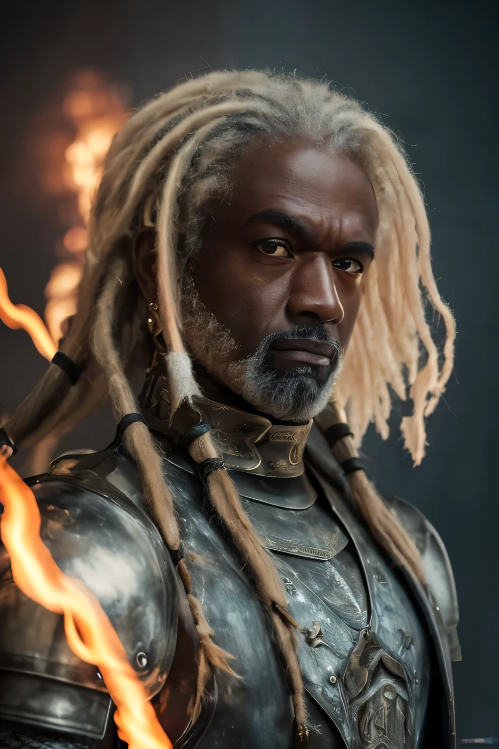 (((Cinematic epic poster))) of Corlys Velaryon , a old Black Man, 60 years old, ((white dreadlock hair)), wearing a combat armor, Gothic style, (((detailed face))), (a detailed RAW photo of a ), (master part:1.0), (best quality:1.4), (Ultra Highres:1.2), (photorealistic:1.4), 8K resolution, Canon EOS R5, 50 millimeters, Absurd, Ultra Detailed, sharp focus, Cinematic lighting, detailed face, (ULZZANG-6500-V1.1), detailed skin texture, pale skin, chest round, (pale :0.5), Cinematic lighting. (((Abstract flame background, cinematic lighting )))