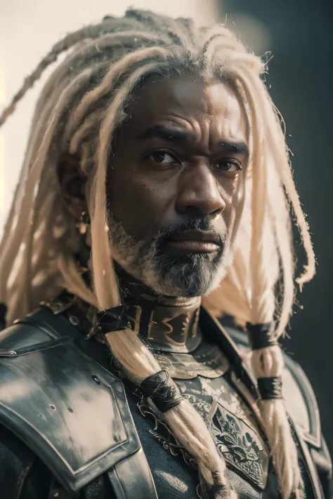 (((Cinematic epic poster))) of Corlys Velaryon , a old Black Man, 60 years old, ((white dreadlock hair)), wearing a combat armor...