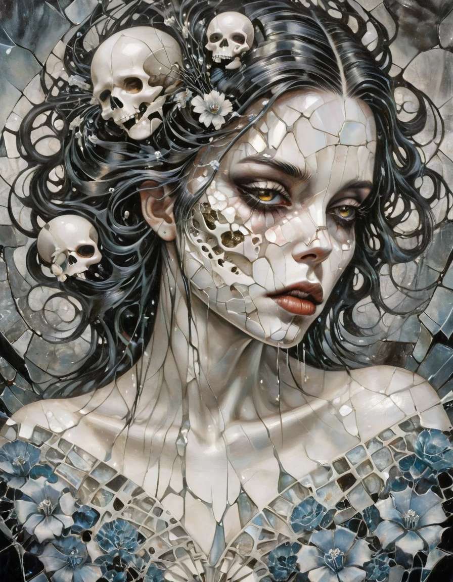 A portrait of a female cassé android with a cracked porcelain face that's shattering into fragments, look futuriste, Fermer, crâne, verre brisé, en porcelaine, cassé, détruit, motifs abstraits, Blanc et gris clair, portrait tête et épaules de succube avec fleurs motifs aquatiques, par giger, Tim Burton, artgerme, hyperdétaillé