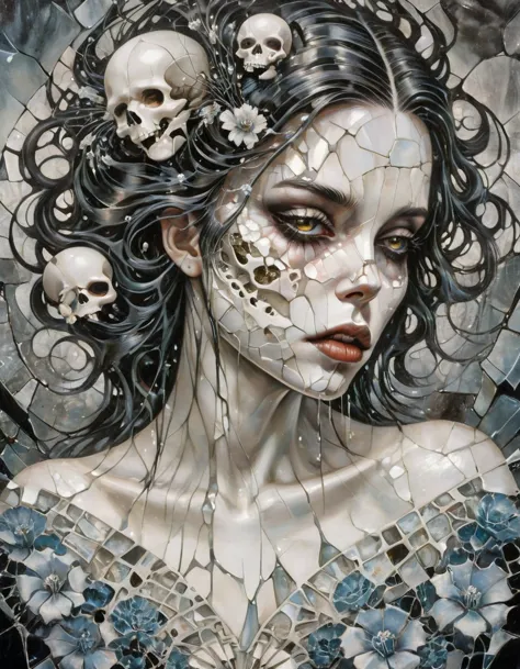 A portrait of a female broken android with a cracked porcelain face that's shattering into fragments, futuristic look, close-up,...