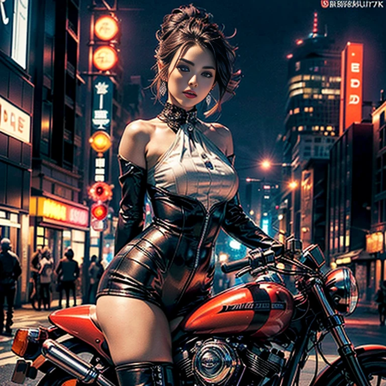 (8k, Official Art、CG)、Beautiful and aesthetic、Charm, Very detailed, (Beautiful woman riding a red 750cc Harley Davidson:1.2)、((Delicate face、Detailed eyes and face、double eyelid、Red lipature adult woman、Dark brown updo、Rider Suit、boots、Very detailed costume、City night view, She is standing on a street lined with skyscrapers. The night view of the city is bright, Add a touch of technology.Neon lights etc. , High-tech equipment and architectural design.  Ultra-high resolution, highest quality, 8k,masterpiece、ultra HD、Dramatic lighting, Award-winning quality、Bike Focus