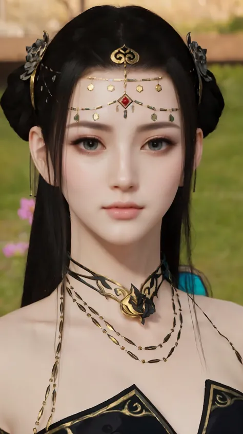 a close up of a woman in a black dress with a necklace and a flower, a beautiful fantasy empress, inspired by Lan Ying, japanese goddess, pink lips, white porcelain skin, nezha, 8 k character details, game cg, unreal engine render + a goddess, trending on ...