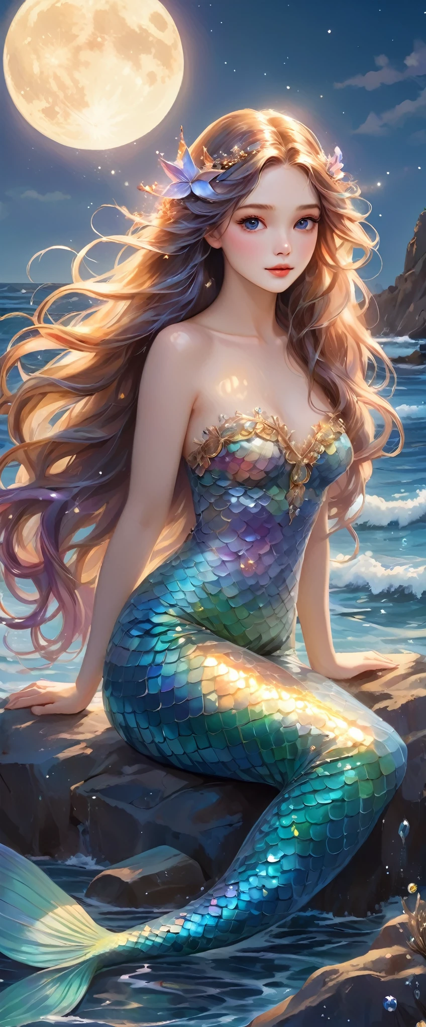 A beautiful mermaid with flowing,iridescent scales and long,flowing hair. She is sitting on a rock by the sea under the moonlight,surrounded by gentle waves and sparkling sea creatures.,(Style: Classic fantasy, realistic),(Details: Long hair, iridescent scales, moonlight, sea creatures, gentle waves),(anatomically correct),Highest quality,great quality,16k,incredibly absurd,very detailed,detailed and beautiful eyes,smooth and beautiful skin,Beautiful hair with shiny details,Draw carefully to the details,Complex gradations like watercolors,Brightly colored,great color balance,happy dream,zentangle elements,rendering,chant colorful spells,((Glitter)),Hologram processing,fantastic,magic effect,Place fine particles of light,Carefully draw the face line,natural makeup,attractive,Perfect proportions