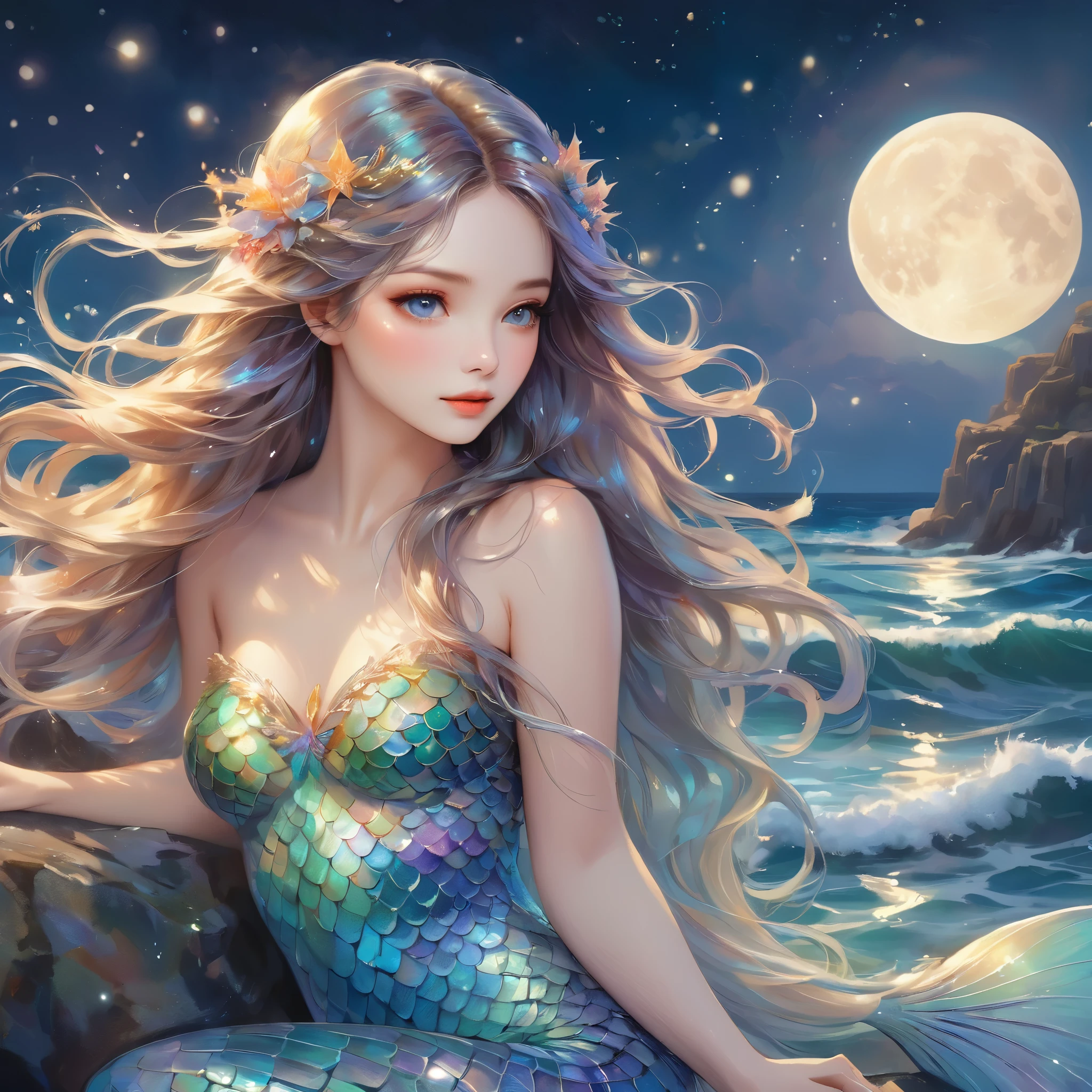 A beautiful mermaid with flowing,iridescent scales and long,flowing hair. She is sitting on a rock by the sea under the moonlight,surrounded by gentle waves and sparkling sea creatures.,(Style: Classic fantasy, realistic),(Details: Long hair, iridescent scales, moonlight, sea creatures, gentle waves),(anatomically correct),Highest quality,great quality,16k,incredibly absurd,very detailed,detailed and beautiful eyes,smooth and beautiful skin,Beautiful hair with shiny details,Draw carefully to the details,Complex gradations like watercolors,Brightly colored,great color balance,happy dream,zentangle elements,rendering,chant colorful spells,((Glitter)),Hologram processing,fantastic,magic effect,Place fine particles of light,Carefully draw the face line,natural makeup,attractive,Perfect proportions