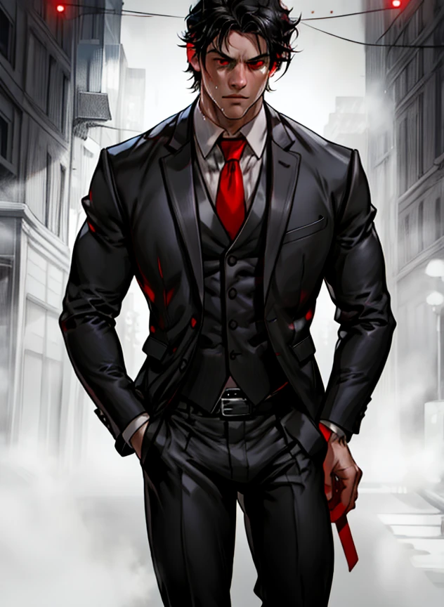 a handsome muscular man, black hair, red eyes, sweaty, wearing an opened black suit with grey tie, tight social pants with black belt, walking alone at night on the street, detailed face, photo-realistic, cinematic lighting, dramatic atmosphere, masterpiece, 8k, hyper-detailed