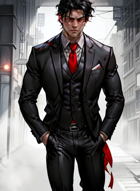 a handsome muscular man, black hair, red eyes, sweaty, wearing an opened black suit with grey tie, tight social pants with black...