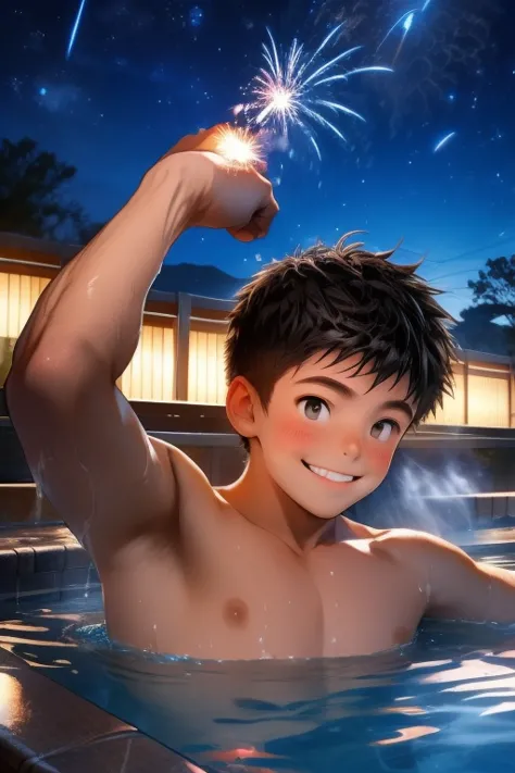 hot spring、High school boys、Open-air bath、A starry sky、Physical contact、firework、18-year-old、Underarm