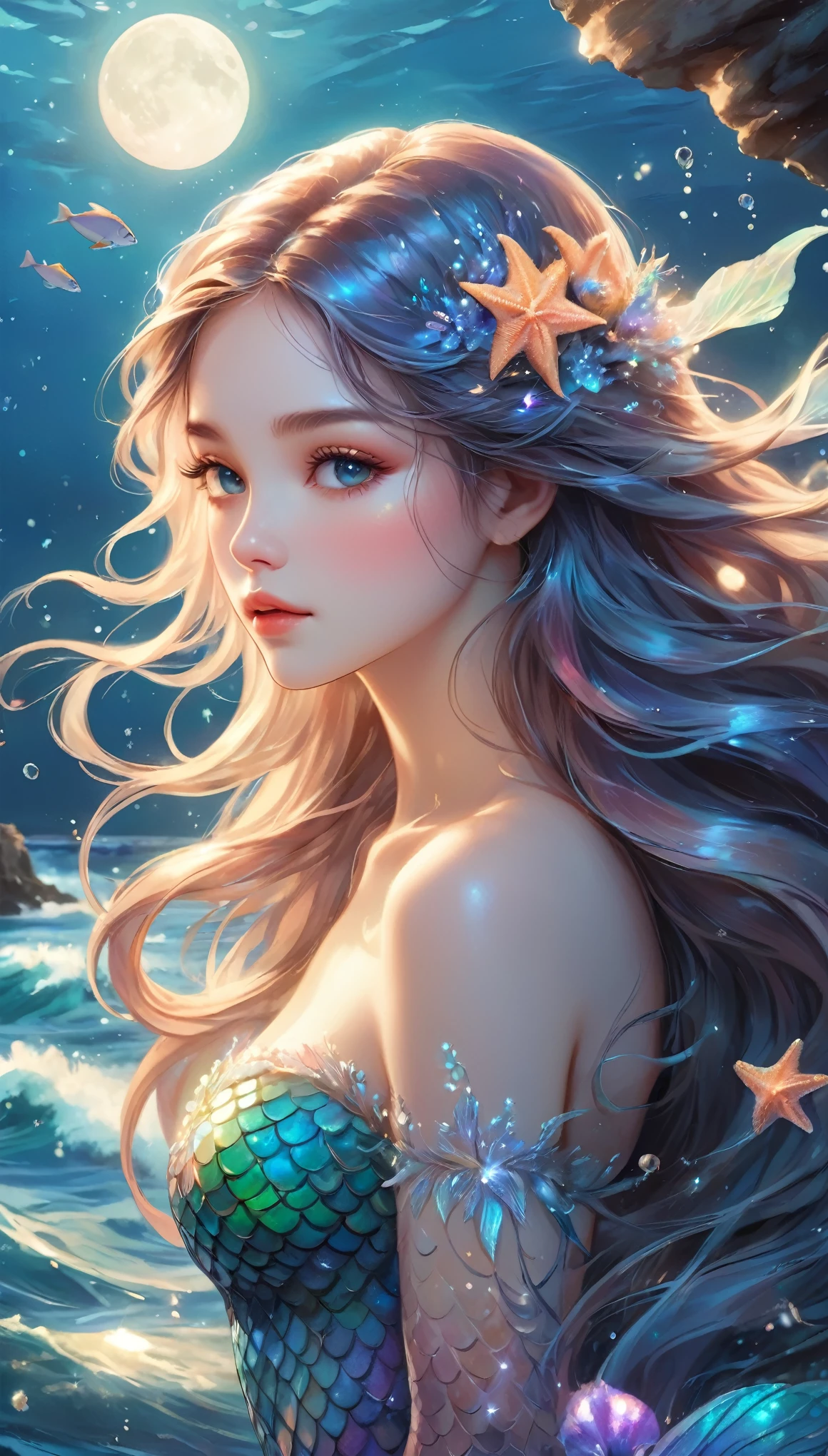 A beautiful mermaid with flowing,iridescent scales and long,flowing hair. She is sitting on a rock by the sea under the moonlight,surrounded by gentle waves and sparkling sea creatures.,(Style: Classic fantasy, realistic),(Details: Long hair, iridescent scales, moonlight, sea creatures, gentle waves),(anatomically correct),Highest quality,great quality,16k,incredibly absurd,very detailed,detailed and beautiful eyes,smooth and beautiful skin,Beautiful hair with shiny details,Draw carefully to the details,Complex gradations like watercolors,Brightly colored,great color balance,happy dream,zentangle elements,rendering,chant colorful spells,((Glitter)),Hologram processing,fantastic,magic effect,Place fine particles of light,Carefully draw the face line,natural makeup,attractive,Perfect proportions