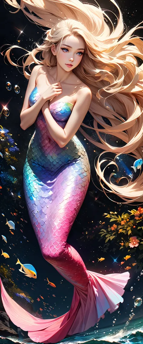 A beautiful mermaid with flowing,iridescent scales and long,flowing hair. She is sitting on a rock by the sea under the moonligh...