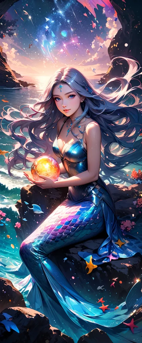 A beautiful mermaid with flowing,iridescent scales and long,flowing hair. She is sitting on a rock by the sea under the moonligh...