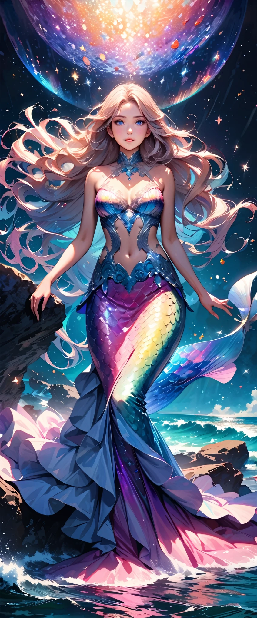 A beautiful mermaid with flowing,iridescent scales and long,flowing hair. She is sitting on a rock by the sea under the moonlight,surrounded by gentle waves and sparkling sea creatures.,(Style: Classic fantasy, realistic),(Details: Long hair, iridescent scales, moonlight, sea creatures, gentle waves),(anatomically correct),Highest quality,great quality,16k,incredibly absurd,very detailed,detailed and beautiful eyes,smooth and beautiful skin,Beautiful hair with shiny details,Draw carefully to the details,Complex gradations like watercolors,Brightly colored,great color balance,happy dream,zentangle elements,rendering,chant colorful spells,((Glitter)),Hologram processing,fantastic,magic effect,Place fine particles of light,Carefully draw the face line,natural makeup,attractive,Perfect proportions