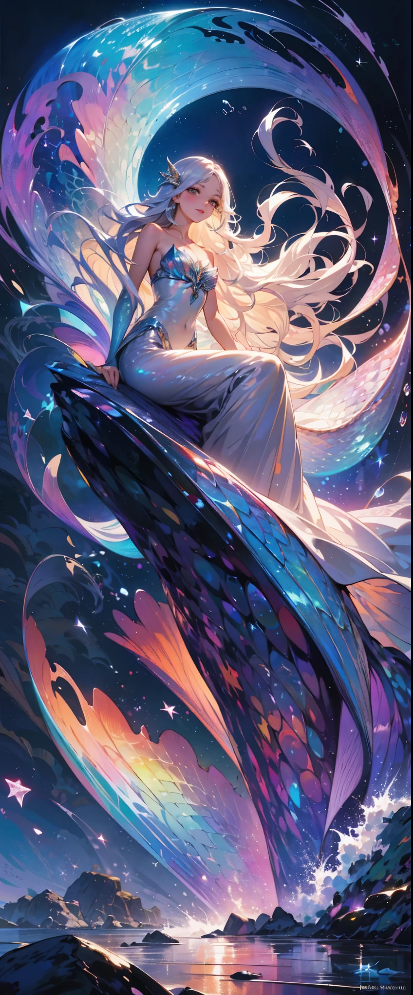 A beautiful mermaid with flowing,iridescent scales and long,flowing hair. She is sitting on a rock by the sea under the moonlight,surrounded by gentle waves and sparkling sea creatures.,(Style: Classic fantasy, realistic),(Details: Long hair, iridescent scales, moonlight, sea creatures, gentle waves),(anatomically correct),Highest quality,great quality,16k,incredibly absurd,very detailed,detailed and beautiful eyes,smooth and beautiful skin,Beautiful hair with shiny details,Draw carefully to the details,Complex gradations like watercolors,Brightly colored,great color balance,happy dream,zentangle elements,rendering,chant colorful spells,((Glitter)),Hologram processing,fantastic,magic effect,Place fine particles of light,Carefully draw the face line,natural makeup,attractive,Perfect proportions