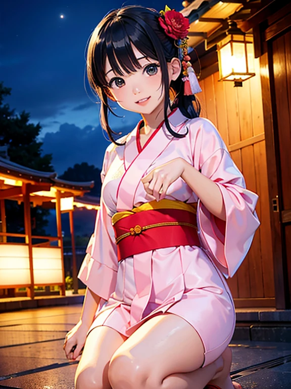 Hohe Auflösung, höchste Qualität,Hakata yukata、Der Yukata wurde in zwei Hälften geschnitten、lächelndes Mädchen、Peinlich、Verlassener Park bei Nacht、