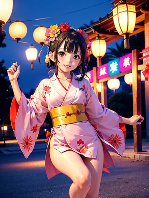 High resolution, highest quality,Hakata yukata、The yukata was cut in half、Smiling girl、Embarrassing、Deserted park at night、