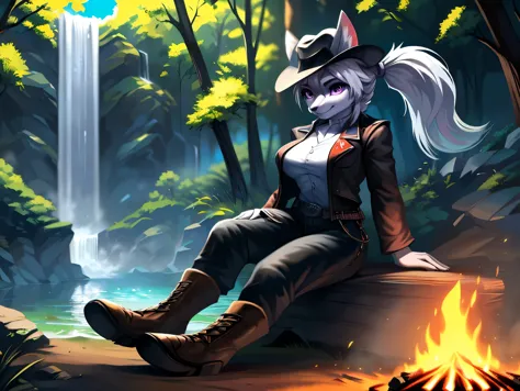 fox, female, solo, white hair, ponytail, ((grey fur)), (purple eyes), (breasts), ((black gambler clothes)), (((large cowboy hat)...