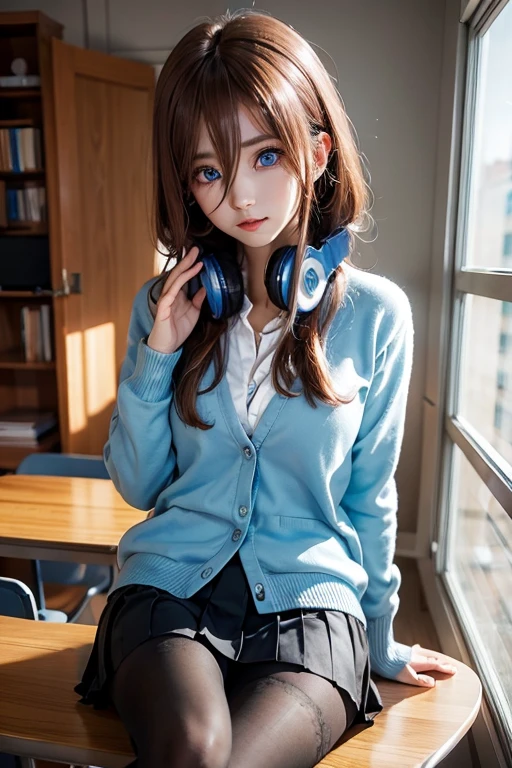 mikunakano, miku nakano, long hair, bangs, blue eyes, brown hair, shirt, hair between eyes, headphones, cardigan, headphones around neck,
BREAK skirt, shirt, long sleeves, white shirt, pantyhose, pleated skirt, black pantyhose, cardigan, green skirt, blue cardigan,
BREAK indoors, classroom,
BREAK looking at viewer, BREAK (masterpiece:1.2), best quality, high resolution, unity 8k wallpaper, (illustration:0.8), (beautiful detailed eyes:1.6), extremely detailed face, perfect lighting, extremely detailed CG, (perfect hands, perfect anatomy),