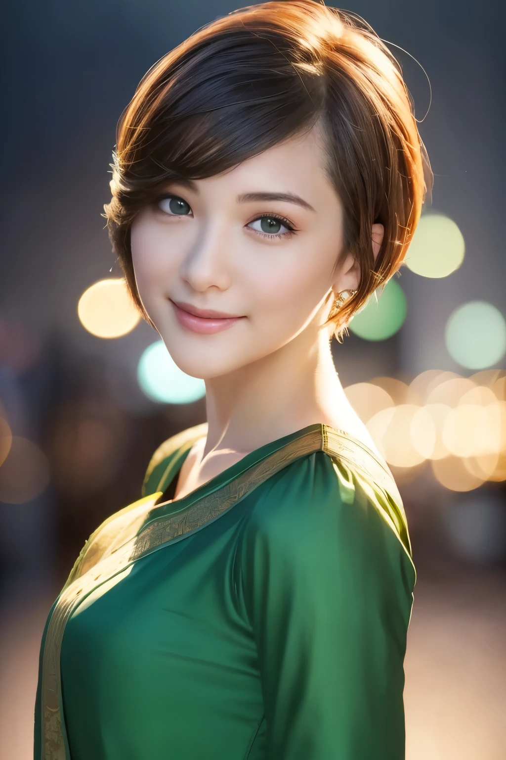 1girl,(wearing a green blouse:1.2),(RAW photo, best quality), (realistic, photo-realistic:1.4), masterpiece, an extremely delicate and beautiful, extremely detailed, 2k wallpaper, Amazing, finely detail, extremely detailed CG unity 8k wallpaper, ultra-detailed, highres, soft light, beautiful detailed girl, extremely detailed eyes and face, beautiful detailed nose, beautiful detailed eyes,cinematic lighting,city lights at night,perfect anatomy,slender body,smiling  (short hair:1.3)