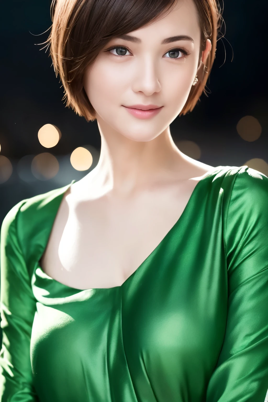 1girl,(wearing a green blouse:1.2),(RAW photo, best quality), (realistic, photo-realistic:1.4), masterpiece, an extremely delicate and beautiful, extremely detailed, 2k wallpaper, Amazing, finely detail, extremely detailed CG unity 8k wallpaper, ultra-detailed, highres, soft light, beautiful detailed girl, extremely detailed eyes and face, beautiful detailed nose, beautiful detailed eyes,cinematic lighting,city lights at night,perfect anatomy,slender body,smiling  (short hair:1.3)