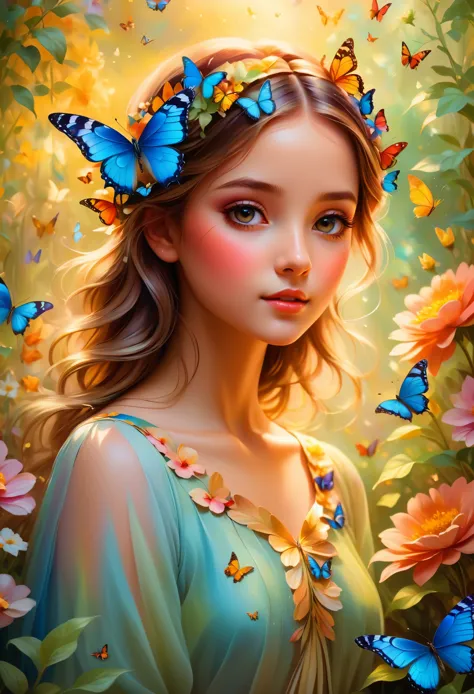 girl with a butterfly head, surrounded by a colorful garden, soft and soothing colors, vibrant flowers, butterflies flying aroun...