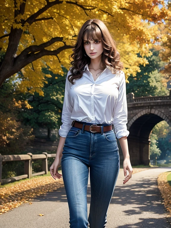 professional photograph, medium cowboy shot, Natalie Portman, aged 18, young, inquisitive, cute, looking away, (giant tall skinny lanky woman:1.45), sfw, (slim slender arafed narrow woman:1.45), soft lighting, hidden symmetric breasts, jeans, long tucked-in long-sleeved t-shirt, belt, detailed beautiful bright symmetric eyes, old city park, trees, standing, (near a stone arch bridge over a stony creek:0.8), antique lamppost, sky, auburn hair, autumn leaves, (big huge enormous massive colossal gigantic breasts:1.25), hair tied back, (big messy curly big flowing extremely long hair), bangs, outside, weak, canon 5d