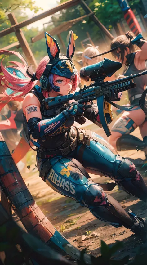 An exquisitely detailed anime illustration of a stunningly beautiful and voluptuous female paintball athlete in the midst of an intense skirmish session. She is clad in state-of-the-art battle-worn paintball armor, adorned with splashes of vibrant paint and featuring a stylish Anubis motif protective mask. Wielding a modern paintball rifle with ease, she navigates the obstacle course with grace and agility. Her friends are seen in the background, engaged in the skirmish, adding to the dynamic and competitive atmosphere of the scene., anime, illustration