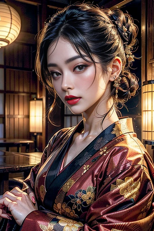 (8k, art officiel、CG)、beau et esthétique、Charme, très détaillé, (Belle propriétaire d'une auberge japonaise:1.2)、(Visage délicat、yeux et visage détaillés、double paupière、lèvres rouges:1.1)、femme adulte mature、femme envoûtante et sexy、Chignon marron foncé、kimono、très détaillékimono、ou、propriétaire&#39;la chambre、Tatamis、Écran Shoji.  (Séance)、Ultra haute résolution, la plus haute qualité, 8k,chef-d&#39;œuvre、Ultra HD、Éclairage dramatique, Qualité primée