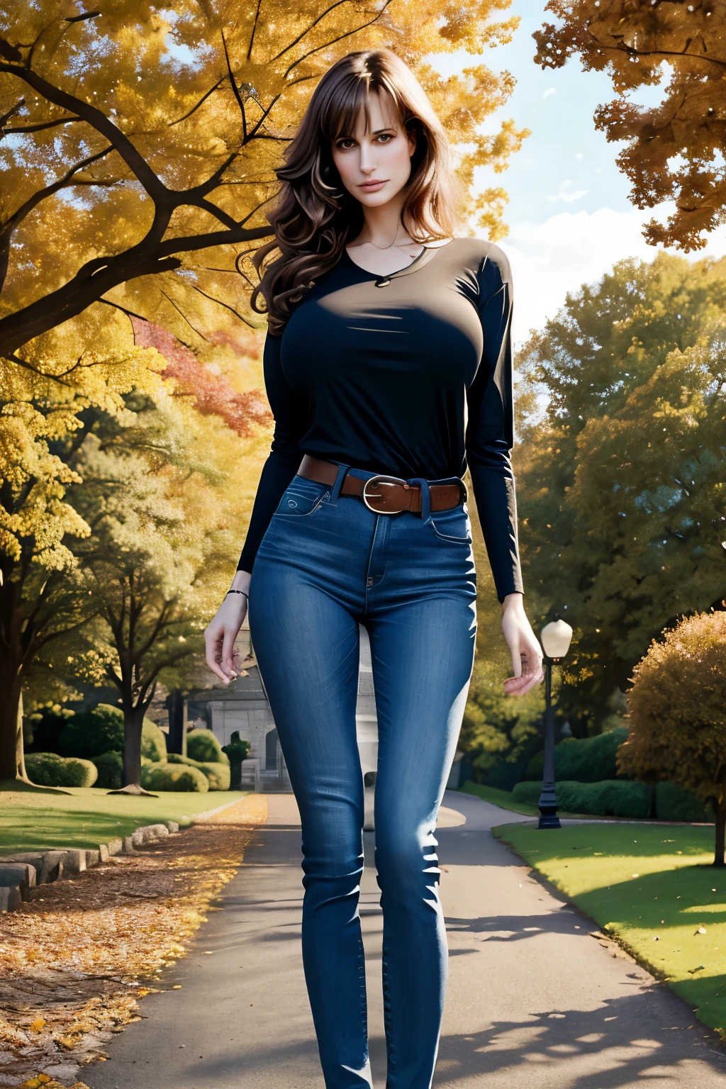 Araffe woman in jeans and a black top walking down a path - SeaArt AI