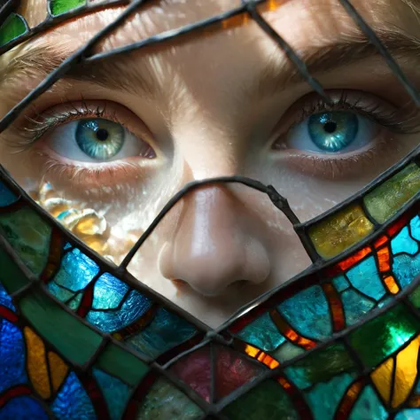 raw photo, beautiful eyes, (bright aquamarine blue eyes), macro shot, masterpiece, peeking from behind stained glass, colorful d...