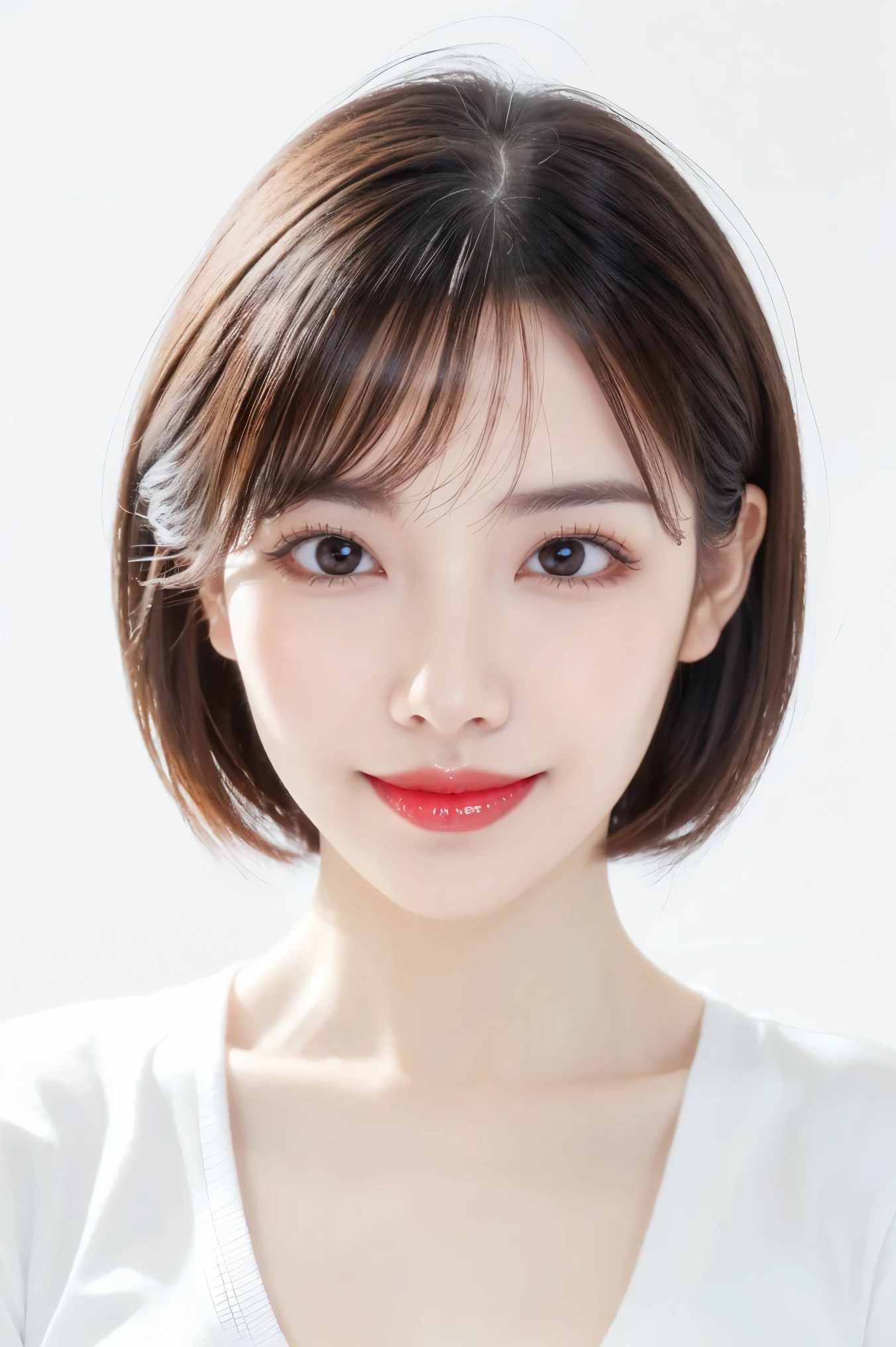 (highest quality、Tabletop、8k、Best image quality、Award-winning works)、Cute beauty、(Short Bob Hair:1.1)、(White fitted V-neck long sleeve knit:1.2)、(Close-fitting V-neck long-sleeve knit:1.1)、(The simplest pure white background:1.6)、(Face close-up:1.3)、(Very large breasts:1.1)、Accentuate your body lines、Beautiful and exquisite、Look at me and smile、(look straight at me:1.1)、(Perfect Makeup:1.1)、Bright lipstick、Ultra-high definition beauty face、Ultra HD Hair、Ultra HD Shining Eyes、Ultra High Resolution Perfect Teeth、Super high quality glossy lip、Accurate anatomy、Very beautiful skin、Pure white skin shining in ultra-high resolution、An elegant upright posture when viewed from the front、(Very bright:1.2)