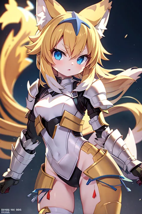 a small foxgirl,wearing the legendary pokemon necrozma like armor,blond hair,blue eyes,sexy pose,detailed eyes,highly detailed f...