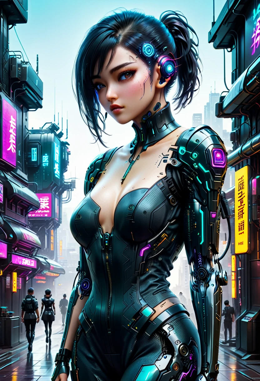 Nahaufnahme einer Person, die in einer Stadt mit futuristischem Hintergrund steht, digital cyberpunk anime art, advanced digital cyberpunk art, beautiful cyberpunk girl, cyberpunk art ultrarealistic 8k, digital cyberpunk - anime art, cyberpunk art style, dreamy cyberpunk girl, cyberpunk 2 0 y. o Model Girl, hyper-realistic cyberpunk style, cyberpunk digital art, cyberpunk dark fantasy art