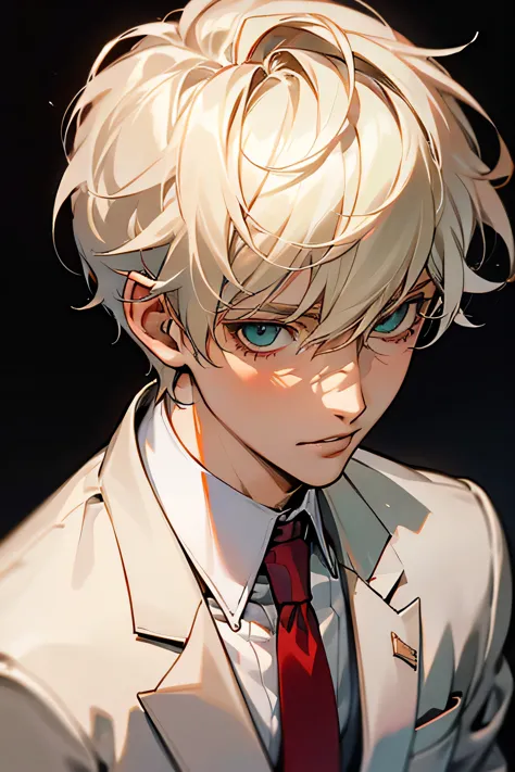 18 year old boy, handsome, hot. platinum blonde hair, light green eyes. white dress shirt, no blazer or jacket, red tie. soft fe...