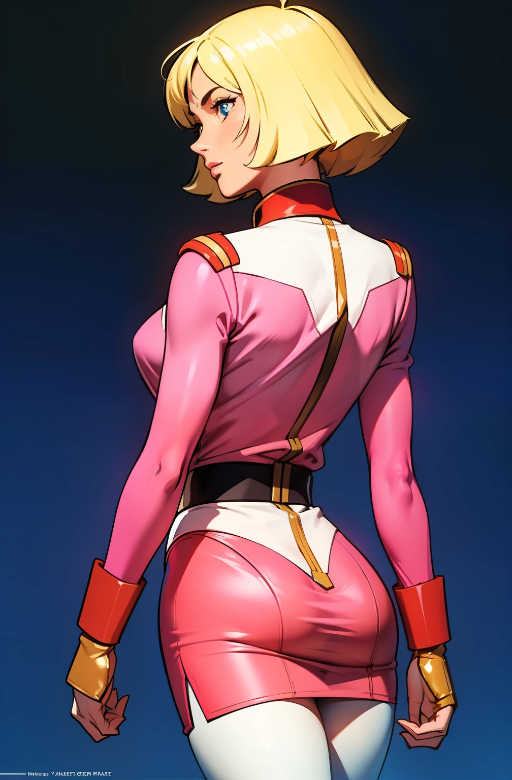 ((masterpiece)), ((cinematic lighting)), realistic photo、Real Images、Top image quality、1girl in, sayla mass, Elegant, masterpiece, Convoluted, slim arms, wide hips, thick thighs, thigh gaps, Best Quality, absurderes, high face detail, Perfect eyes, mature, Cowboy Shot, , Vibrant colors, soft pink uniform, soft pink Skirt, white tights, side view