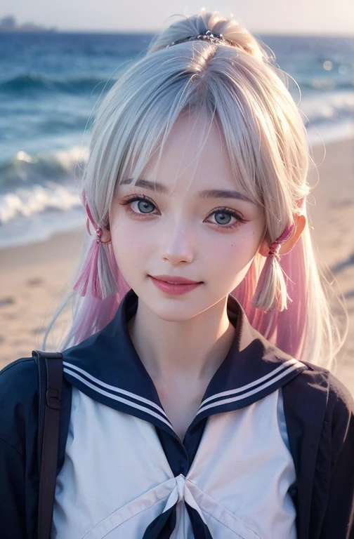 Best quality at best，tmasterpiece，Extremely Delicately Beautiful，The content is very detailed，CG，gatherings，8k wallpaper，An Astonishing，depth of fields，1 Chinese girl，very beautiful look，delicate skin，Flawless Face，plain face，white color hair，Long white hair，high ponytails，There are two strands of white hair on both sides of the ears，Wear pink hair accessories，Eye color is sky blue，Elaborate Eyes，Eyes sparkle，grin face, Put on a sailor suit、medium  、Have by the sea、(On the beach)、  light, realistically, tmasterpiece, Best quality, Complex CG, The face is very detailed, high detail eyeull bodyesbian locked，Full body lesbian