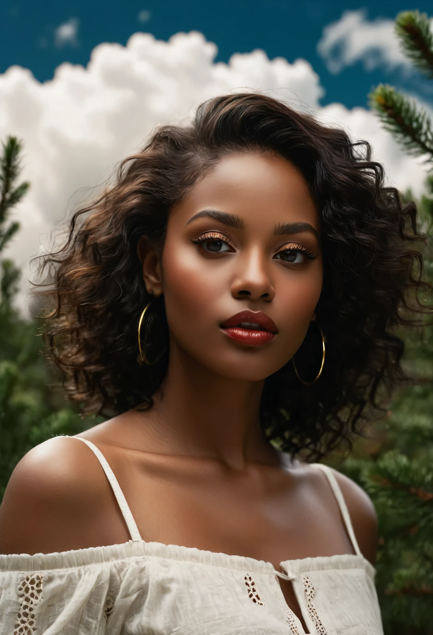 photo of beautiful (dark skin girl:1.4) in front clouds, she's facing front to camera, skin is smooth and radiant, film quality, woman (ultra-realistic , she's in deep darkness ,soft accents, gorgeous rembrandt like lighting, (Rembrandt patch), photo with background of white clouds, miniature pine trees, (highest quality textured cotton ball backdrop), lush clouds with accent highlights(highest quality), Her luscious, natural dark hair cascades down, framing her face with an aura of allure. With striking eyes, adorned with long lashes, eyes, the color of rich deep colors, ancient seduction and passion. Finely detailed(Fine-grained), (highest detail skin texture peach-fuzz earlobe realistic) ○○ res – ○○ resolution ultra high res(A high resolution) , very high texture res(light resolution), Realistic – Realistic Photorealistic – (photorealistic beautiful eyes, lashes, pupil colors, 4k) , 8K,extreme detail, close and intimate, she looks direct to viewer, captivating eyes looking at us,Her perfectly sculpted lips, highly real lipglass,painted a bold shade of crimson. she is Ingres, Vermeer, work of art, indulge in the exploration of desire.solo woman, (highest quality skin), long hair, every detail,Fine facial features, micro-details of skin and hair Masterpiece – Masterpiece ○○ quality – ○○ quality best quality(Highest Quality) ,Leica film, best, solo female, High quality (hiquality)　etc ○○ detailed – ○○ details ultra-fine detailed(micro details), Photorealistic, Extremely detailed(Extremely detailed) , Finely detailed(Fine-grained), (highest detail skin texture) ○○ res – ○○ resolution ultra high res(A high resolution) , very high texture res(light resolution), Realistic – Realistic Photorealistic – photorealistic beautiful – beautiful 4k , 8K, relaxed, close and intimate,