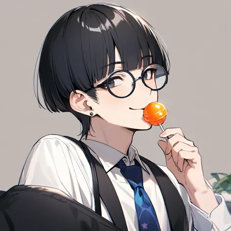 1 man, black hair, bangs, bowl cut, piercing, flamboyant, smiling, black eyes, handsome, white shirt, blue tie, sucking a lollip...