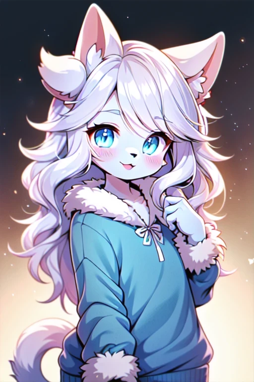 Nervous smiling, beautiful and detailed, man (((male))) ((anthro)) Cat, (Cat boy), cinematic lighting, Cat, (anthro, fluffy fur, character focus:1.1), 1boy, anthro cat boy, body fur, gray fur, gray body, gray hair, long hair, curvy, sexy, nice, cute, hot, comfortable anime-style cartoon-style, digital drawing, blue eyes, green sweater, white panties, collar, low-angle view