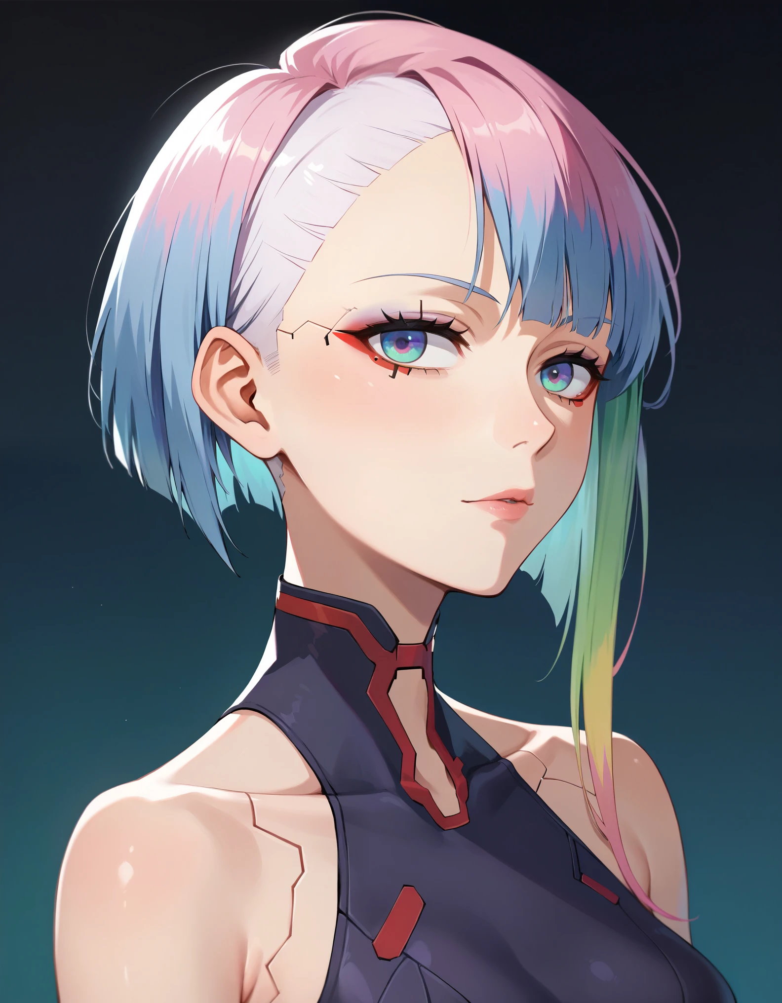 score_9, score_8_en haut, score_7_en haut, score_6_en haut, source d&#39;anime, PAUSE 1fille, seulement, yculpnxl, Lucie \(cyberpunk\), cheveux multicolores, Cheveux courts, makeen haut, Épaules nues, eye-liner, collant, zettaï ryôiki, en hautper body