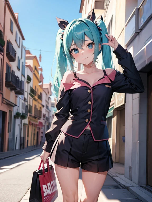 1 chica,solo,de pie,Pechos grandes, escote, 
shorts de mezclilla, camisa colorida con hombros descubiertos, ombligo, calzas con ribetes de encaje, brazos a los costados, sonrisa ligera, Hatsune Miku, vista de cuerpo completo, en una calle de la ciudad moderna, Bolsa de compras en mano