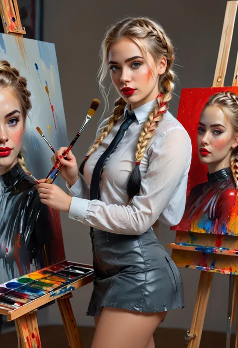 sexy cyborg woman, full-length, standing, beautiful face, expressive eyes, red lips, french braid, blonde hair, oil paints, self...